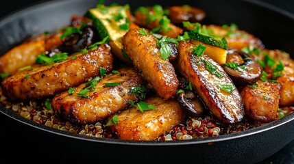 Fototapeta premium Sauteed Tempeh Zucchini Mushrooms and Quinoa in a Skillet. Generative AI