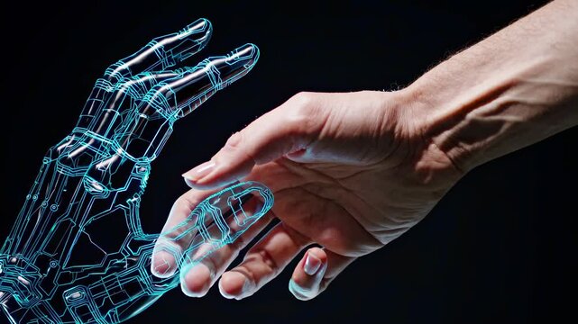 A close-up video still of a human hand reaching towards a digital robotic hand, symbolizing human-technology connection, shot from a side angle.
