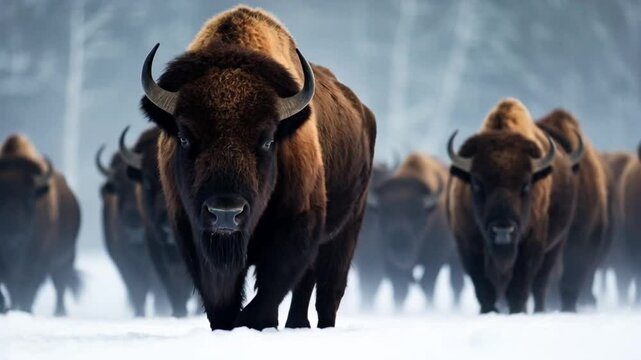 A herd of large powerful bison are moving forward
