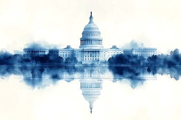 Fototapeta premium Watercolor Illustration of the US Capitol Building with Reflection