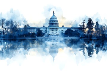 Watercolor Style Image of the US Capitol Building Reflected in Water