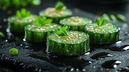 Sesame Cucumber Bites, Dark Slate, Garnish, Water Droplets, Appetizer