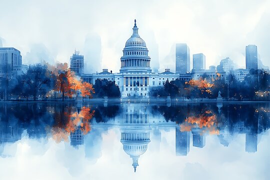 Watercolor Impression of the US Capitol Reflecting on a Calm Waterway