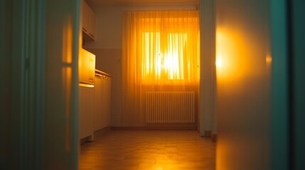 Kitchen Interior with Sunlight Filtering Through Curtains and Radiators. Generative AI