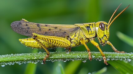 Fototapeta premium Close-up of a vibrant grasshopper perched on a dew-covered blade of grass in a field