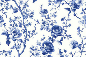 Toile De Jouy vintage floral pattern featuring delicate florals wildflowers and romantic motifs 
