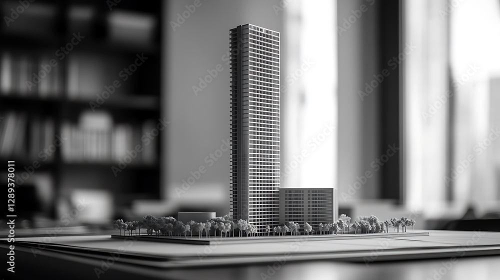 Poster architectural model showing modern skyscraper design in monochrome setting