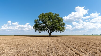 Obraz premium Lone tree in harvested field, sunny day, blue sky