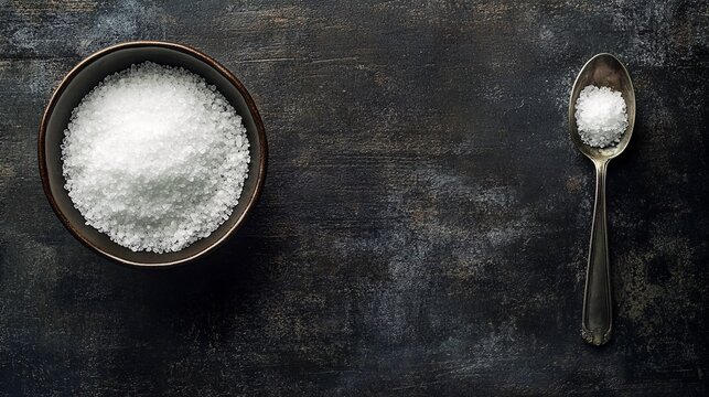 A Bowl and Spoon of Nitrate Salt Against Dark Backdrop