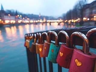 Love locks on bridge at twilight