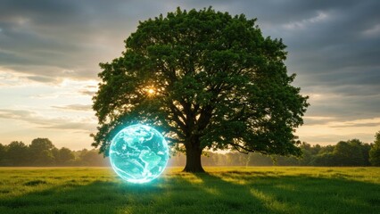 A serene tree with a glowing globe symbolizing environmental harmony.