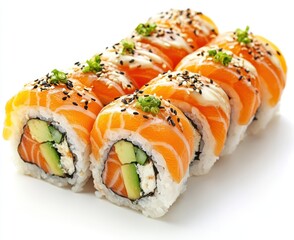 Fresh and Colorful Sushi Rolls with Salmon and Avocado Garnished with Green Onions and Sesame Seeds on White Background