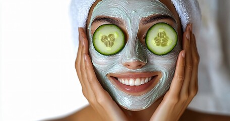 Bright image of a woman with cucumber slices over her eyes, perfect for wellness, spa promotions, relaxation articles, skincare branding, and self-care campaigns.
