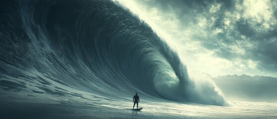 A lone surfer braves a colossal wave under a moody sky, capturing the essence of adventure and the power of nature.