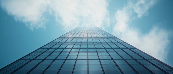 A towering glass skyscraper reaches up into a clear sky, its mirrored surface reflecting the clouds and creating a sense of infinite height.
