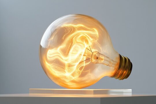 A glowing filament bulb on a white platform, showcasing intricate internal light patterns.