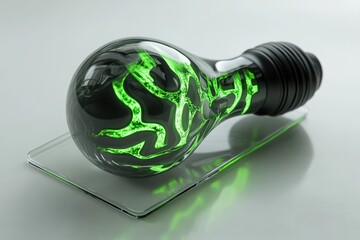 A futuristic glass lightbulb with vibrant green glowing inner patterns, resting on a sleek glass platform.