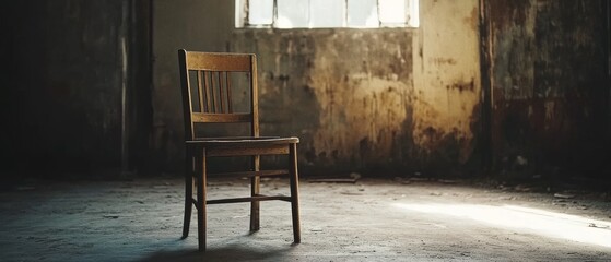 A solitary wooden chair sits in an empty, rustic room, with sunlight streaming through a window, casting dramatic shadows and highlighting the textured walls.