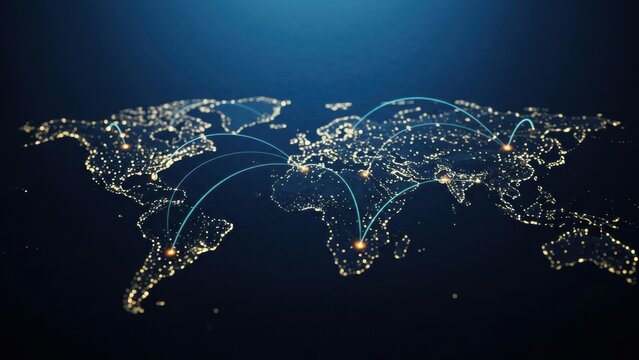A digital world map displaying glowing connections across continents.