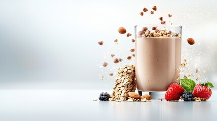 A vibrant smoothie with various toppings and ingredients floating around it.