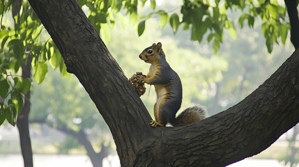 Squirrel holding nuts on park tree branch