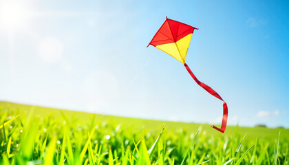 Colorful red and yellow kite soaring in green meadow, joyful spring day