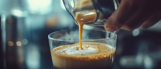 Rich, creamy coffee with perfect crema is poured into a glass, steaming invitingly, awakening the senses.