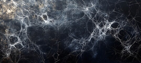 Black background with white spider webs, hanging from the left and right sides of the screen The webs are thin and long,
