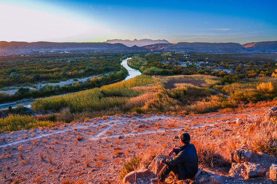 Big Bend National Park Nature Trail Sunset View of Rio Grande and Chisos Mountains 