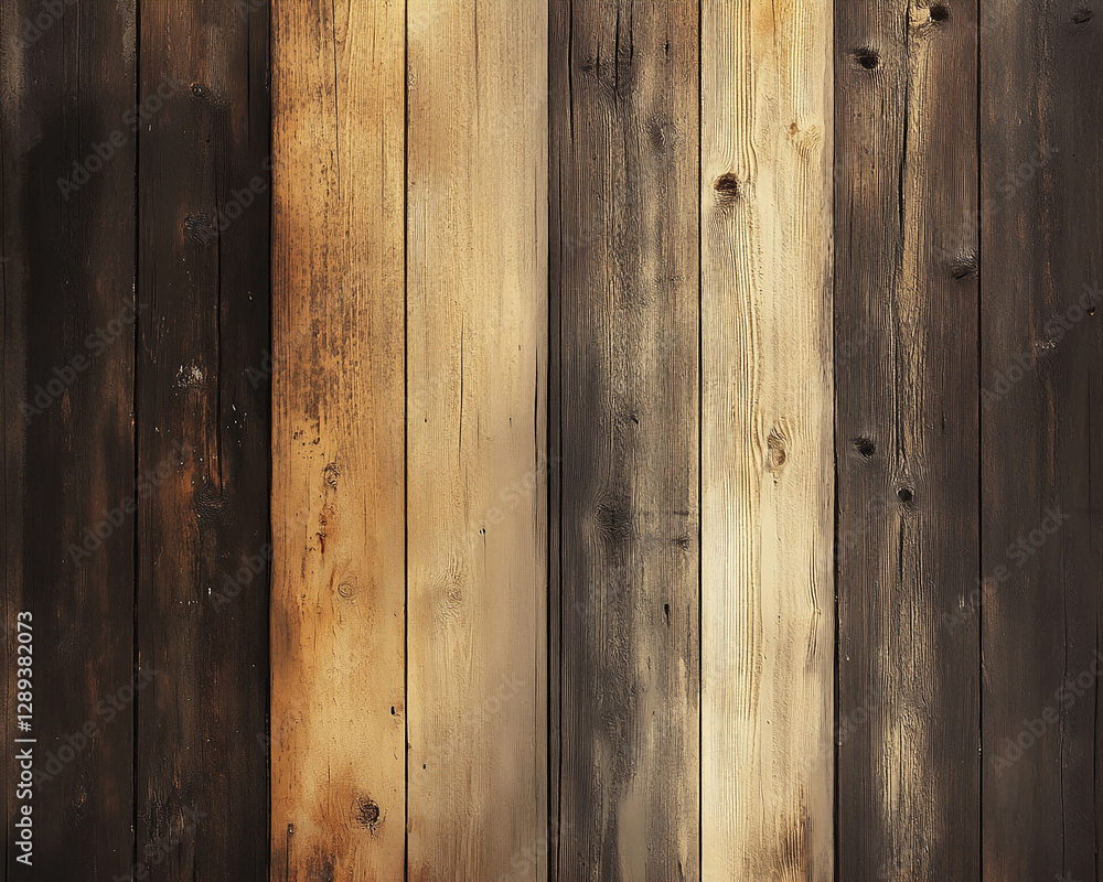 Poster a close-up of rustic wooden planks in dark and light brown tones, highlighting the natural texture a