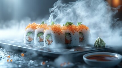 Smoky Sushi Rolls on Plate, Restaurant, Food Photography