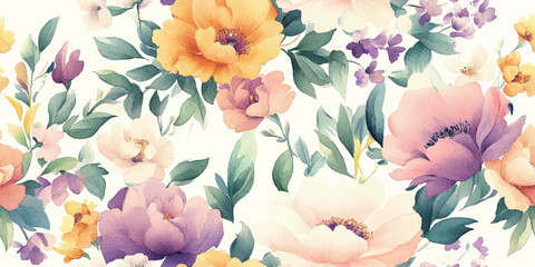 Romantic watercolor floral seamless pattern. Elegant pastel flowers repeat background for wedding, invitation, textile, and more