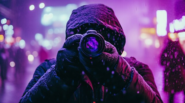 A person captures a creative moment, framed in vibrant neon purple lights and warm clothing, highlighting the essence of urban photography with bold colors and artistic expression.
