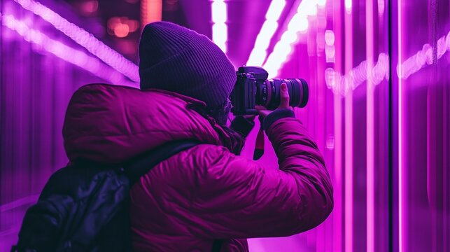 A person captures a creative moment, framed in vibrant neon purple lights and warm clothing, highlighting the essence of urban photography with bold colors and artistic expression.