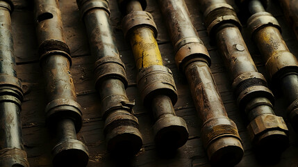 Rusty industrial parts arranged on weathered wood; workshop background, suitable for textures or mechanical themes