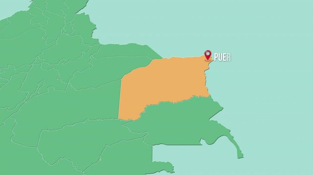 Mapa de Colombia con divisi&oacute;n pol&iacute;tica resaltando el estado Vichada con su capital Puerto Carre&ntilde;o