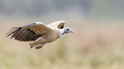 Fototapeta premium White-backed Vulture in Flight Over Fields
