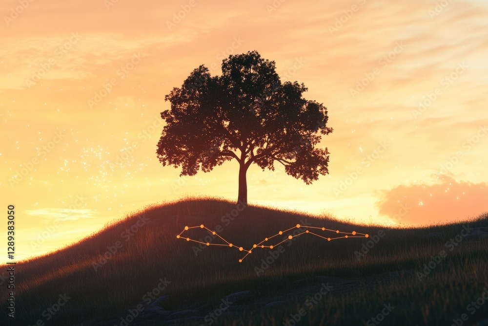 Poster silhouetted tree stands on a hill at sunset, with a subtle line graph connecting glowing dots in the