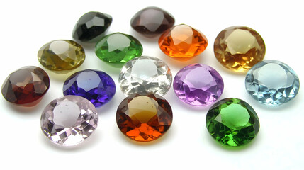 Colorful gemstone collection on white background, showcasing various cuts and colors, ideal for jewelry design or website use