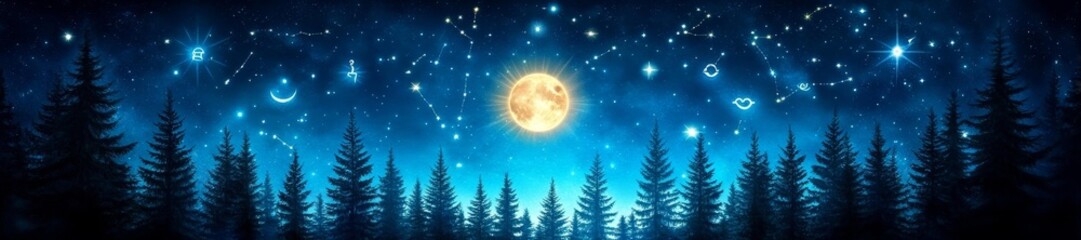Naklejka premium A Bright Full Moon Over a Forest with Zodiac Constellations in the Starry Sky. Generative AI