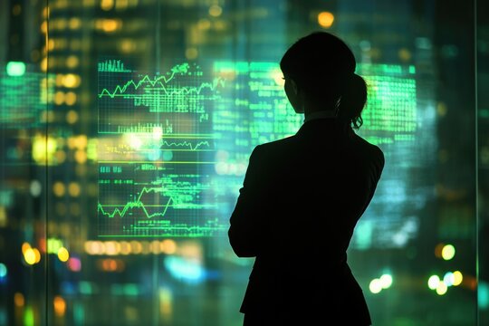 A businesswoman silhouetted against a backdrop of glowing city lights and financial data displayed on a large screen.