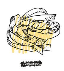 Hand drawn illustration of fettuccine. Pasta templates collection for menu design, flyers and brochures. Engraving style hand drawn sketch, vector illustration.