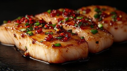 Spicy glazed fish fillets, dark background, close-up, food photography