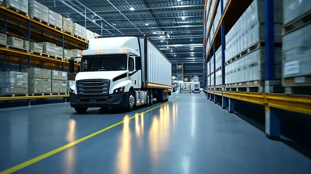 A fast-paced logistics center where a white truck is backed into a warehouse loading dock, its interior brimming with well-packed shipments, as staff members move with efficiency.