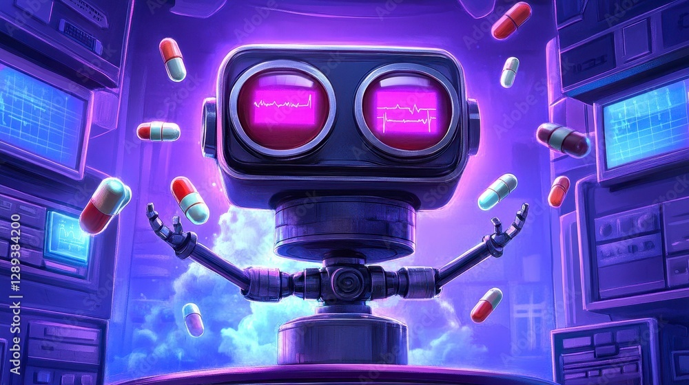 Poster a futuristic robot doctor analyzing health data while surrounded by floating medicine capsules in a 