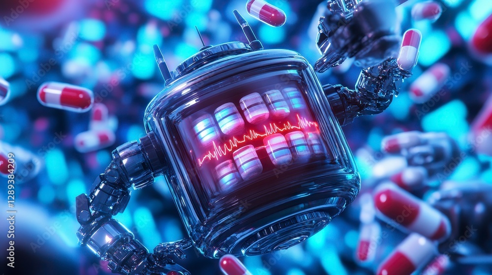 Poster futuristic robot controlling a digital health screen surrounded by colorful capsules in a high-tech 