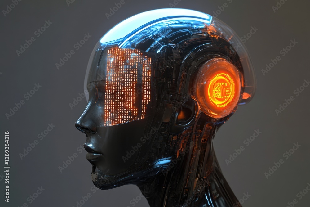 Poster a futuristic robotic head with glowing binary code and internal mechanisms.