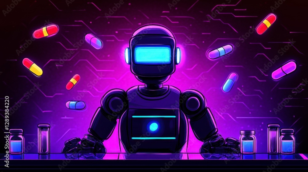 Poster futuristic robot surrounded by colorful capsules and vials, representing the intersection of technol