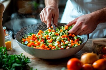 Hands chop various fresh vegetables in a large bowl. The rustic kitchen is filled with vibrant colors of carrots, cucumbers, and peppers, creating a healthy meal