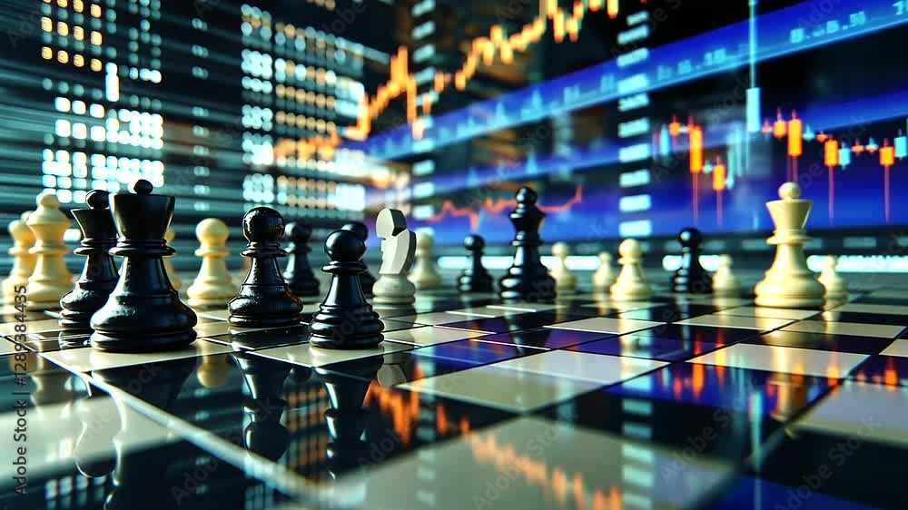 Poster an aerial view of a chessboard with key pieces in a tense standoff, while a live stock market index 